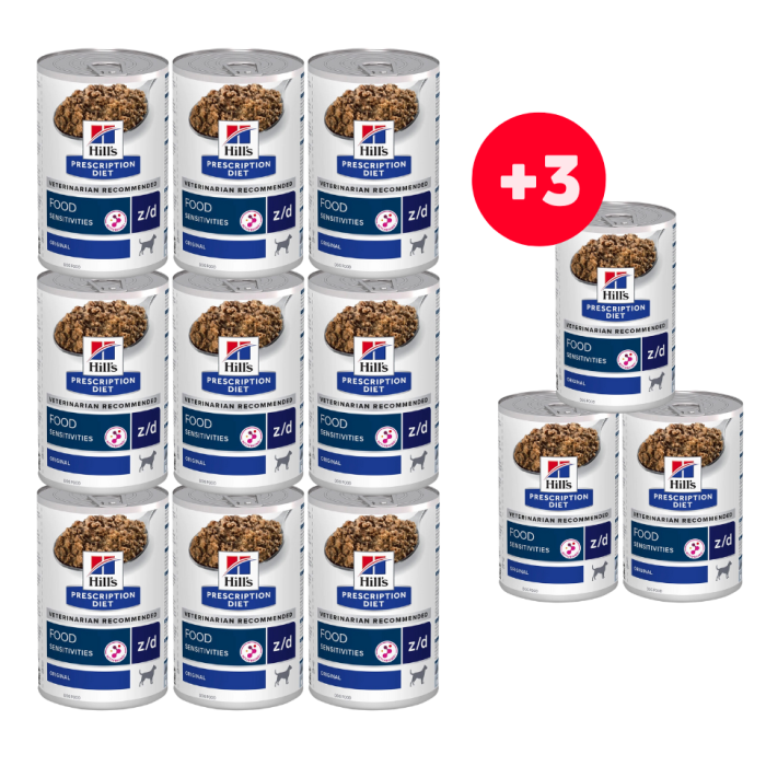 HILL'S Prescription Diet Canine z/d na nietolerancje pokarmowe 9x370g + 3 puszki GRATIS!