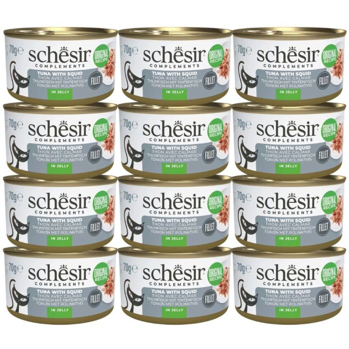 SCHESIR Complements Tuńczyk z kalmarami w galarecie 12x70 g karma mokra uzupełniająca dla kotów