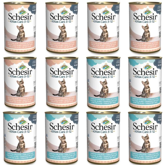 SCHESIR Kitten care 3-12 Zestaw tuńczyk i kurczak z aloesem w galaretce 12x140g