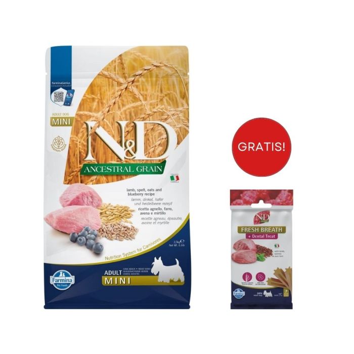 FARMINA N&D Ancestral Grain Lamb & Blueberry Adult Mini dog 2.5 kg karma dla psów małych ras + FARMINA N&D Quinoa Dental Treat Fresh breath Mini 60 g (7 szt) GRATIS!