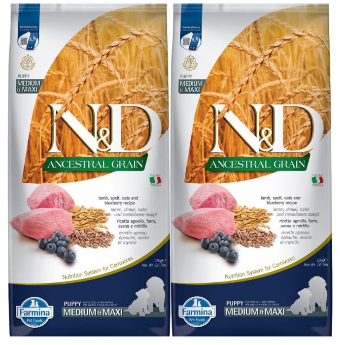 FARMINA N&D Ancestral Grain Dog Lamb & Blueberry Puppy Medium & Maxi 2x12 kg dla szczeniąt średnich i dużych ras