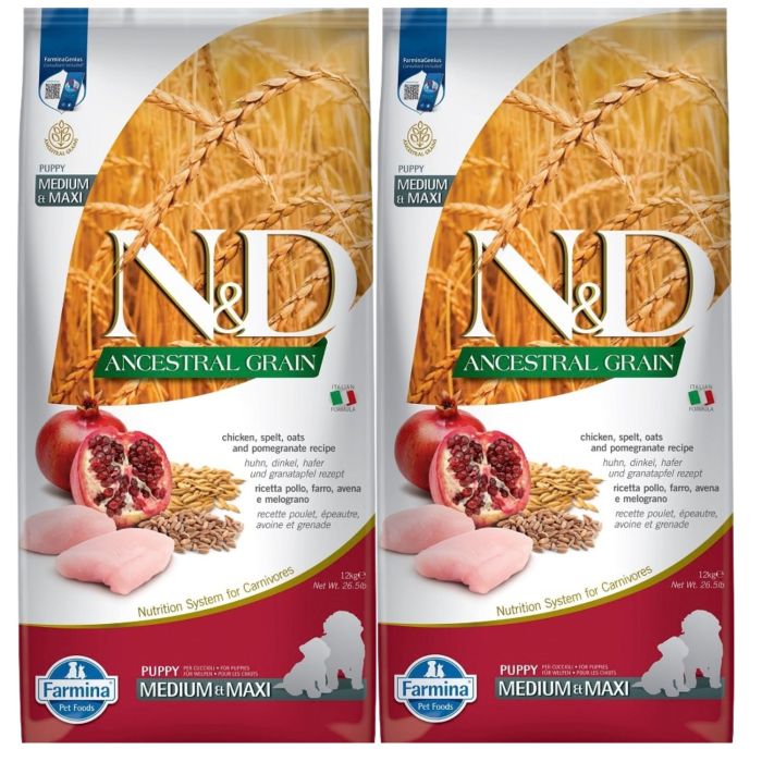 FARMINA N&D Ancestral Grain Chicken & Pomegranate Medium & Maxi Puppy 2x12 kg karma dla szczeniąt