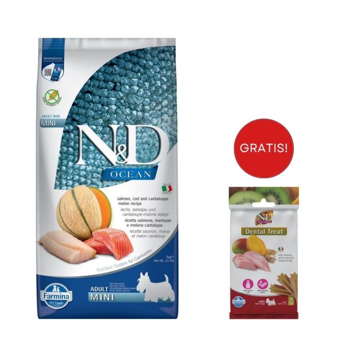 FARMINA N&D Ocean Dog Adult Mini salmon, cod & canatloupe melon 7 kg łosoś, dorsz, melon + FARMINA N&D Tropical Selection Dental Treat Chicken Mini 60 g (7 szt) GRATIS!