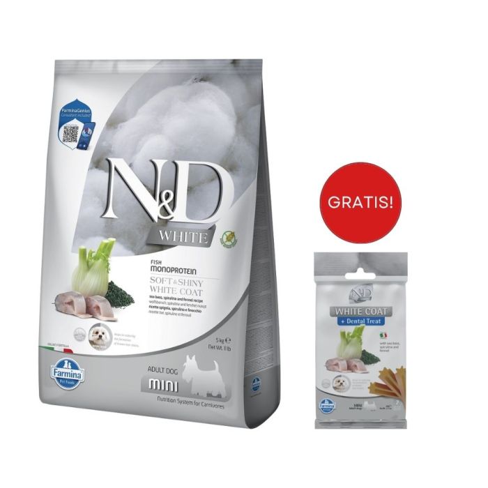 FARMINA N&D White Dog Adult Mini Sea Bass, Spirulina, Fennel 5 kg + FARMINA N&D White Dental Treat Coat Sea bass Mini 60 g (7 szt) GRATIS!