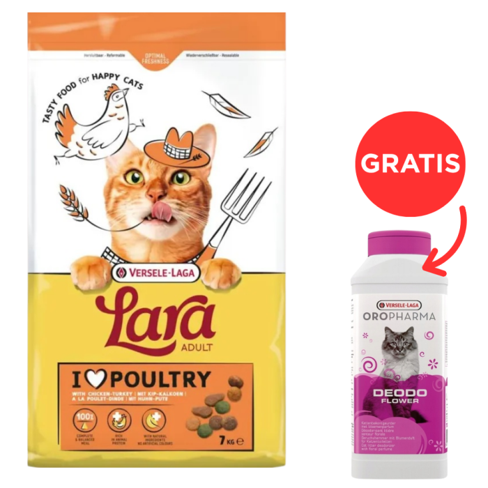 VERSELE-LAGA Lara Adult Turkey and Chicken 7 kg z indykiem i kurczakiem dla kotów + Deodo Flower 375 g dezodorant do kuwet odświeżacz kwiatowy GRATIS