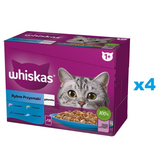 WHISKAS Adult saszetka 48x85g Rybne Przysmaki mokra karma dla dorosłych kotów w galaretce z: łososiem, tuńczykiem, dorszem, białą rybą