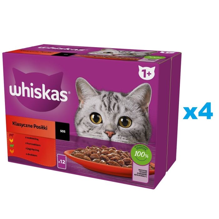 WHISKAS Adult saszetka 48x85g Klasyczne Posiłki mokra karma dla kotów w sosie kawałki z wołowiną, kurczakiem, jagnięciną, drobiem