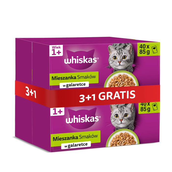 WHISKAS Adult 4 x 40x85g Smaki Rybne i Tradycyjne mokra karma dla kota w galaretce (z kurczakiem, z łososiem, z wołowiną, z tuńczykiem) 3+1 GRATIS
