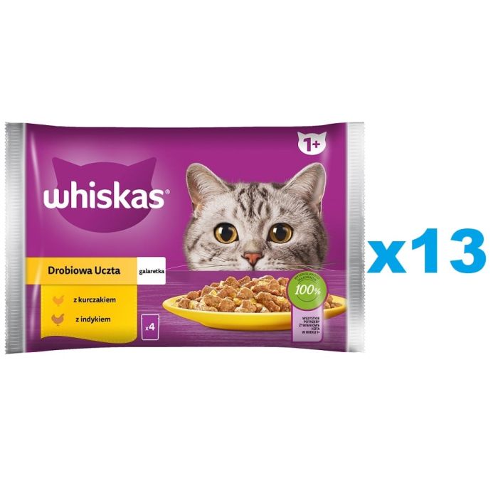 WHISKAS Adult saszetka 52x85 g Drobiowa Uczta mokra karma dla dorosłych kotów w galaretce z: kurczakiem, indykiem