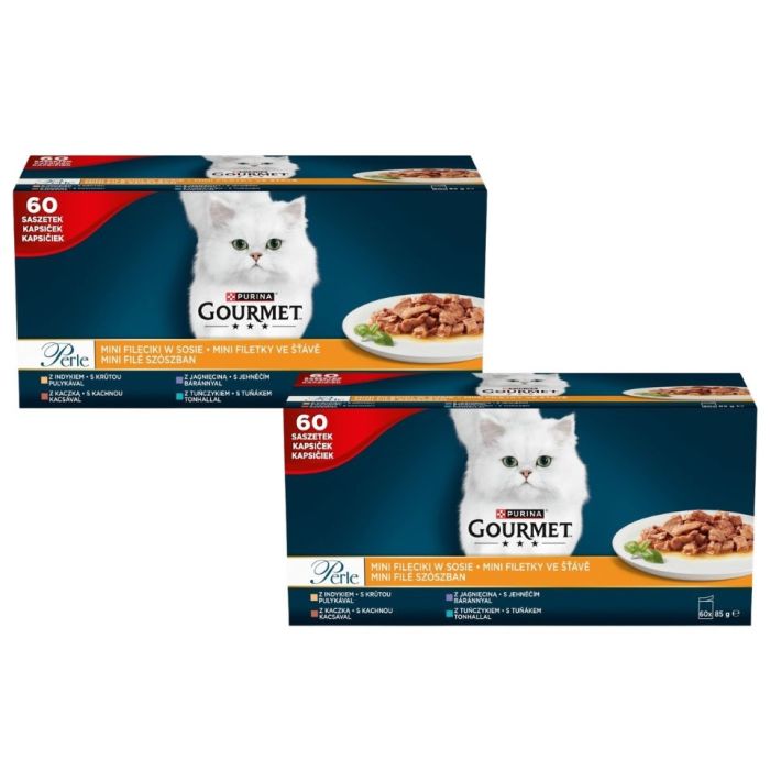 GOURMET Perle Mini fileciki w sosie 120x85g indyk, kaczka, jagnięcina i tuńczyk, mokra karma dla kotów