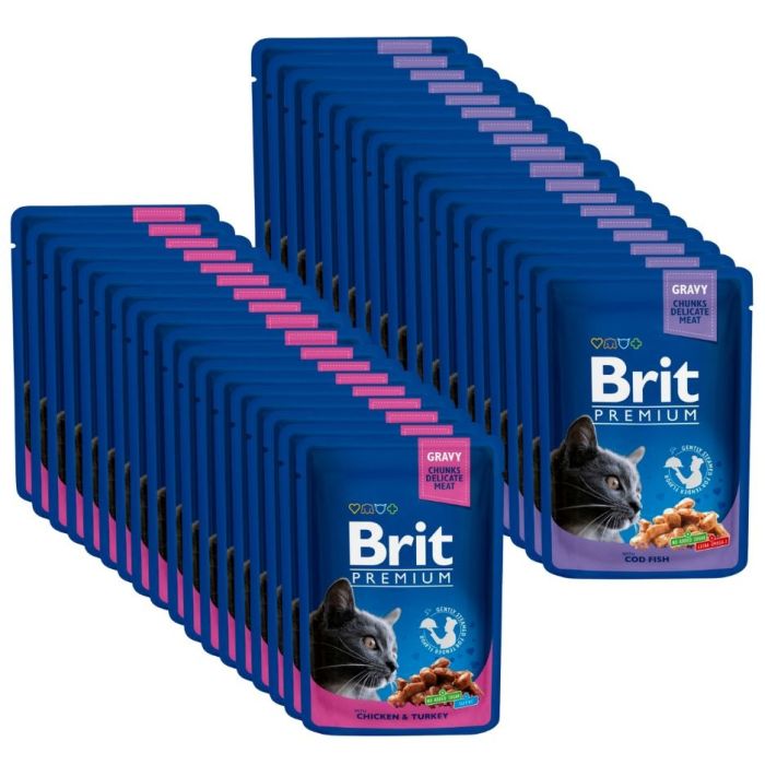 BRIT Premium Adult Mix smaków 48x100 g kurczak i indyk, dorsz saszetki dla kotów