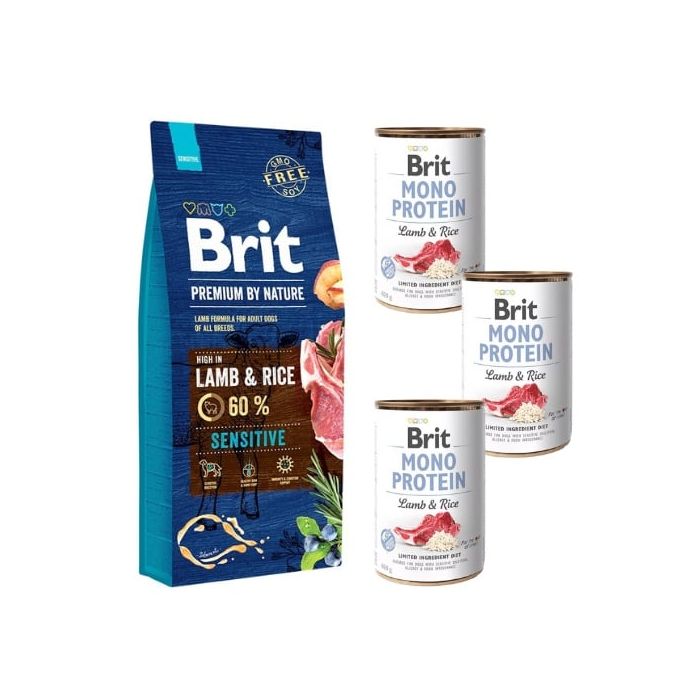 BRIT Premium By Nature Sensitive Lamb and rice 15 kg + BRIT Mono Protein Lamb & Rice 3x400 g