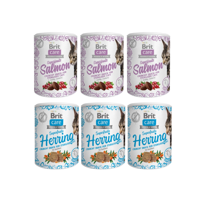 BRIT Care Cat Snack Superfruits Mix smaków 6x100 g śledź i łosoś dla kotów sterylizowanych