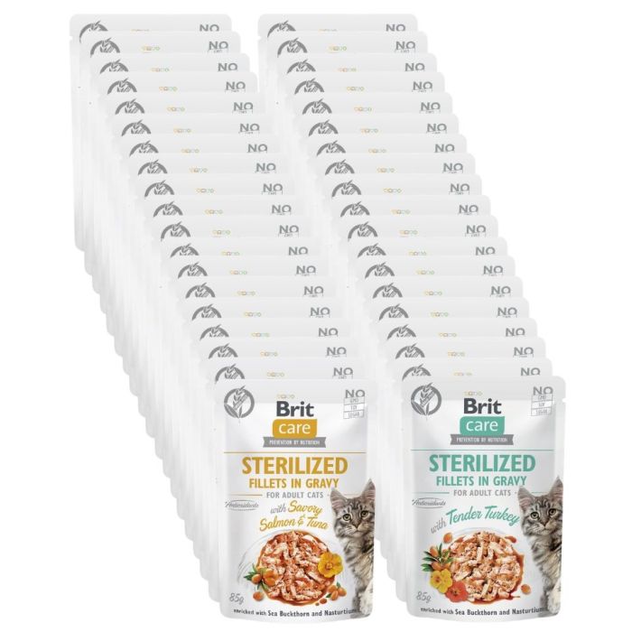 BRIT Care Fillets in Gravy Pouch Sterilized Mix smaków 48x85g z indykiem, łososiem i tuńczykiem dla kotów sterylizowanych