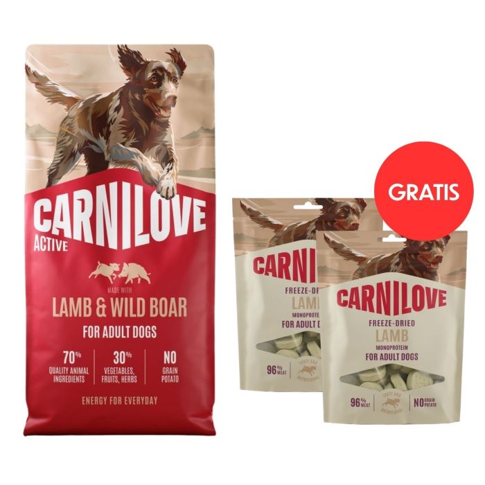 CARNILOVE Active Dog Lamb and Wild Boar Adult 12 kg jagnięcina i dzik dla psów + CARNILOVE Dog Freeze Dried Lamb 2x60g GRATIS