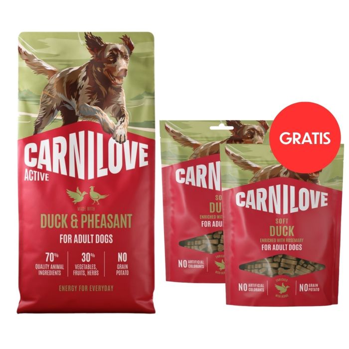 CARNILOVE Active Dog Duck and Pheasant Adult 12 kg kaczka i bażant dla psów + CARNILOVE Dog Soft Snack Duck 2x200g GRATIS