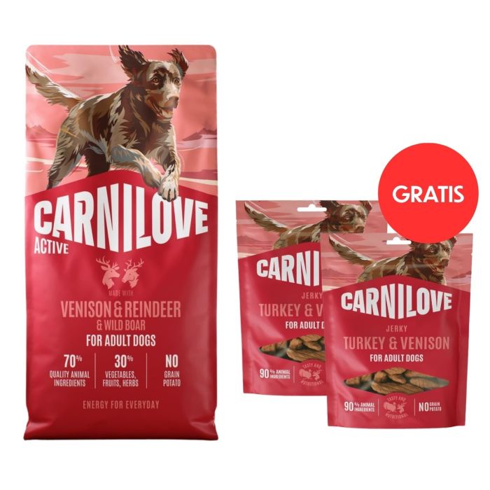 CARNILOVE Active Dog Venision and Reindeer Adult 12 kg dziczyzna, renifer i dzik dla psów + CARNILOVE Dog Jerky Turkey with Venision 2x100g GRATIS