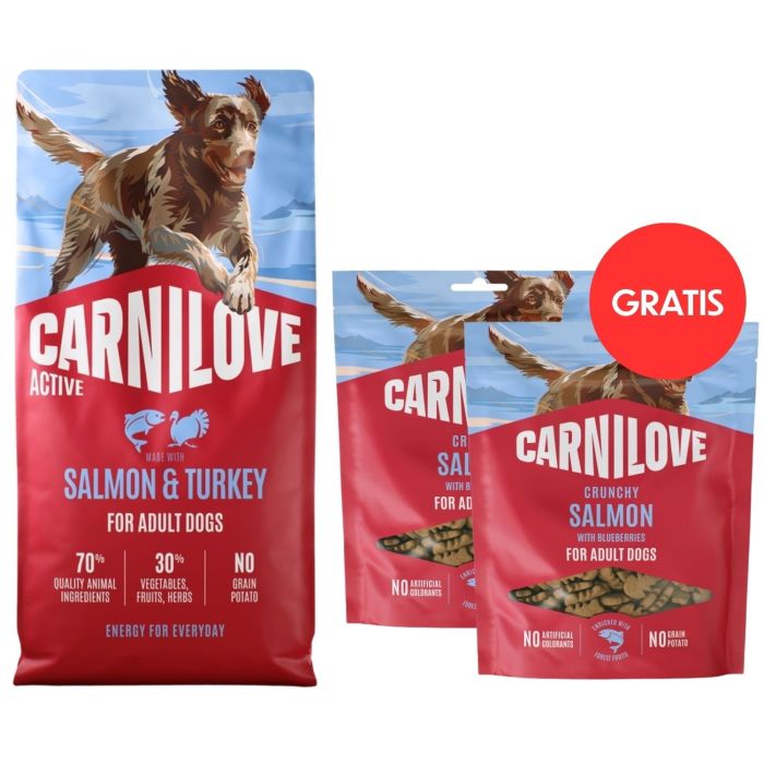 CARNILOVE Active Dog Salmon and Turkey Adult 12 kg łosoś i indyk dla psów + CARNILOVE Dog Crunchy Snack Salmon 2x200g GRATIS