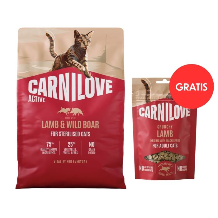 CARNILOVE Active Cat Lamb and Wild Boar Sterilised 2 kg dla kotów sterylizowanych + CARNILOVE Crunchy Snack Cat Lamb 50 g GRATIS