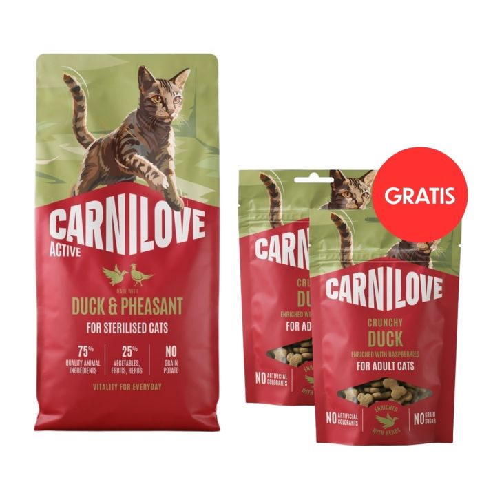 CARNILOVE Active Cat Duck and Pheasant Sterilised 6 kg dla kotów sterylizowanych + CARNILOVE Crunchy Snack Cat Duck 2x50 g GRATIS