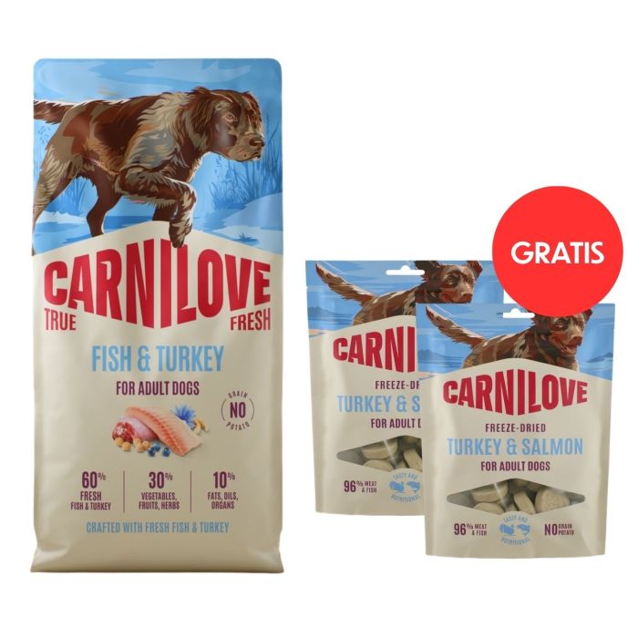 CARNILOVE True Fresh Dog Fish and Turkey Adult 12 kg świeża ryba i indyk dla psów + CARNILOVE Dog Freeze Dried Turkey and Salmon 2x60g GRATIS