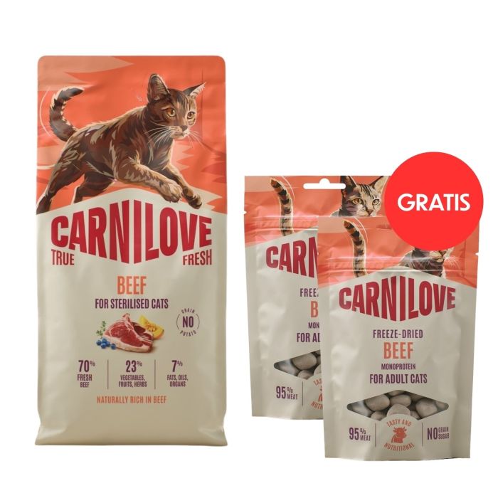 CARNILOVE True Fresh Cat Beef Sterilised 6 kg dla kotów po sterylizacji + CARNILOVE Freeze-Dried Snack Cat Beef 2x40 g GRATIS