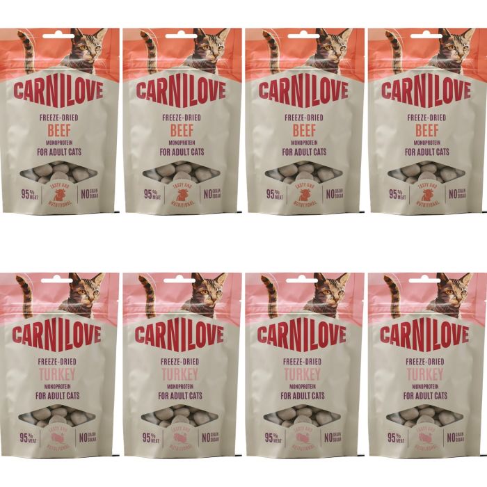 CARNILOVE Freeze-Dried Snack Cat Mix Turkey and Beef 8x40 g liofilizowane przysmaki dla kotów, mix smaków indyk oraz wołowina