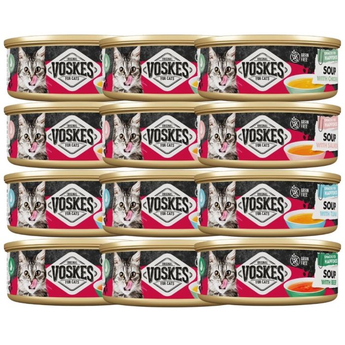 VOSKES Soup Mix smaków 12x50 g zupa z wołowiną, kurczakiem, łososiem i tuńczykiem dla kotów