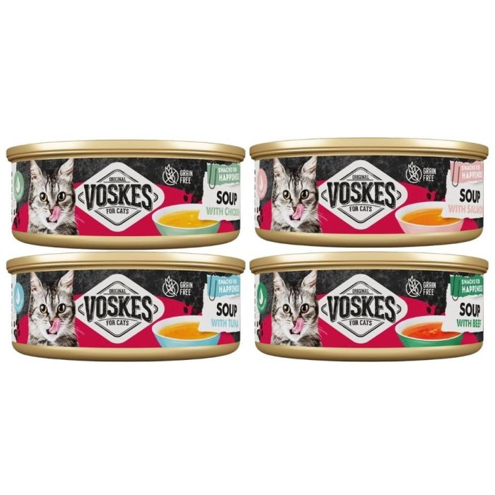 VOSKES Soup Mix smaków 4x50 g zupa z wołowiną, kurczakiem, łososiem i tuńczykiem dla kotów