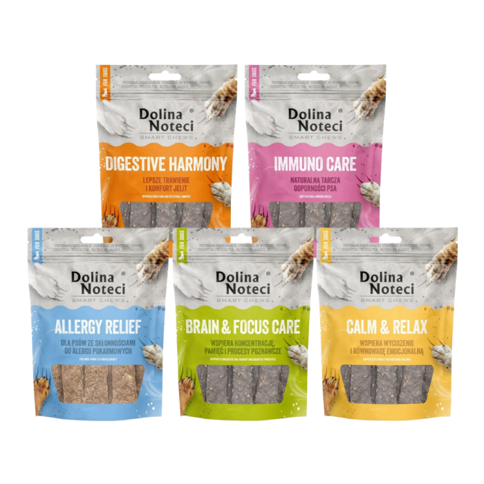 DOLINA NOTECI Smart Chews Mix 5 smaków 5x100g wsparcie w redukcji stresu, wsparcie funkcji poznawczych, wsparcie trawienia, wsparcie przy alergiach pokarmowych, wsparcie odporności, suszone przysmaki dla psa