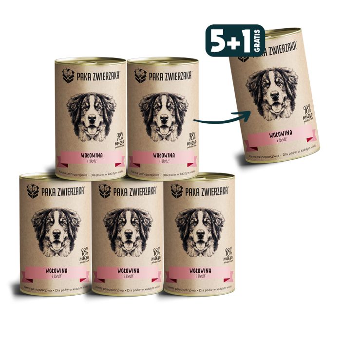 PAKA ZWIERZAKA Karma wołowina i śledź dla psa 6 x 400 g 5+1 GRATIS