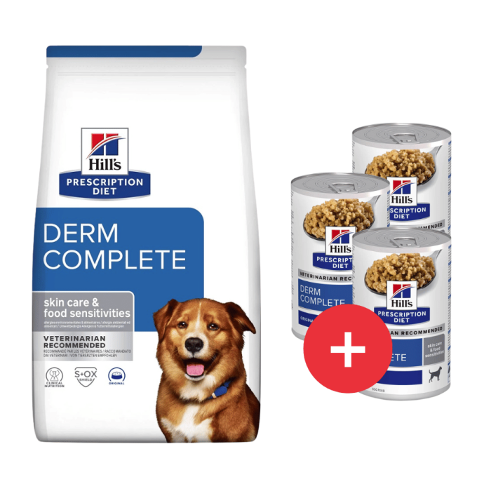 HILL'S Prescription Diet Canine Derm Complete 12 kg karma wzmacniająca skórę psa + 3 puszki GRATIS