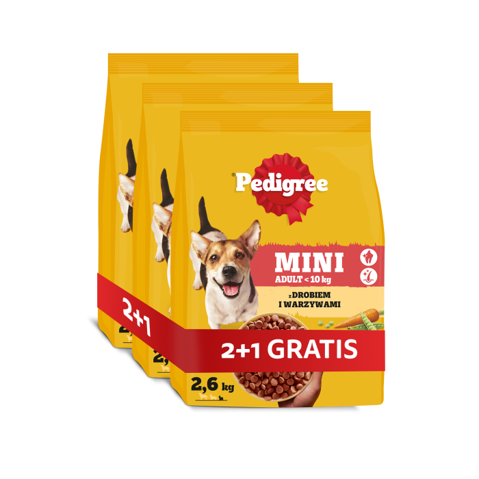 PEDIGREE Adult Mini z drobiem i warzywami 3 x 2,6 kg karma sucha dla psów małych ras 2+1 GRATIS
