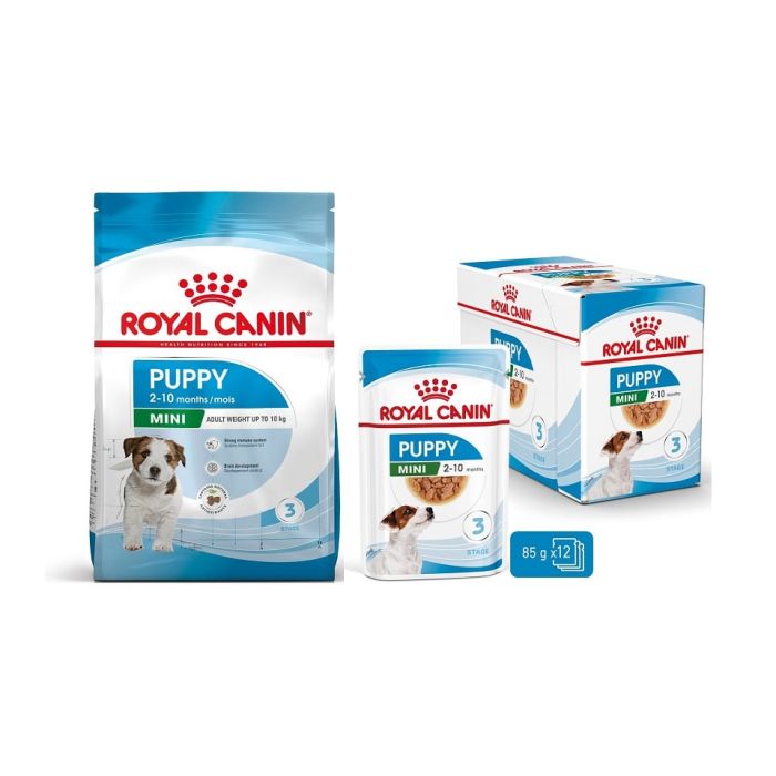 ROYAL CANIN Mini Puppy / Junior 8 kg karma sucha dla szczeniąt, od 2 do 10 miesiąca życia, ras małych + Mini puppy 12x85 g mokra karma