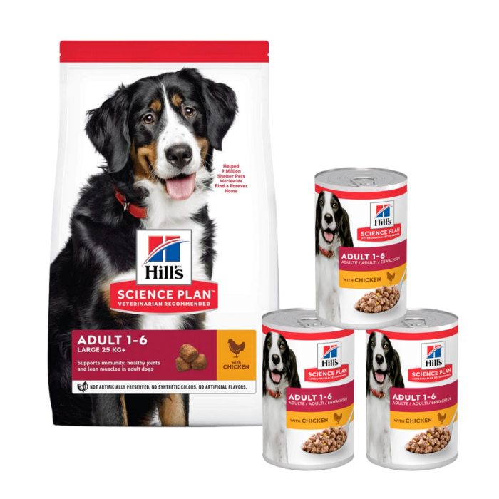 HILL'S Science Plan Canine Adult Large breed Chicken 18 kg karma dla psów ras dużych kurczak + 3 puszki GRATIS