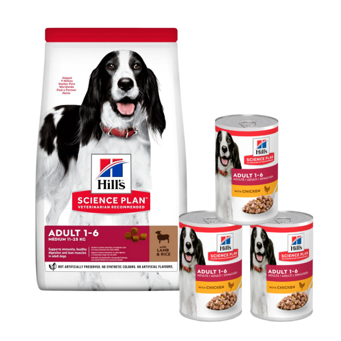 HILL'S Science Plan Canine Adult Medium Lamb & Rice 18 kg karma dla psów ras średnich jagnięcina i ryż + 3 puszki GRATIS
