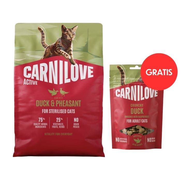 CARNILOVE Active Cat Duck and Pheasant Sterilised 2 kg dla kotów sterylizowanych + CARNILOVE Crunchy Snack Cat Duck 50 g GRATIS