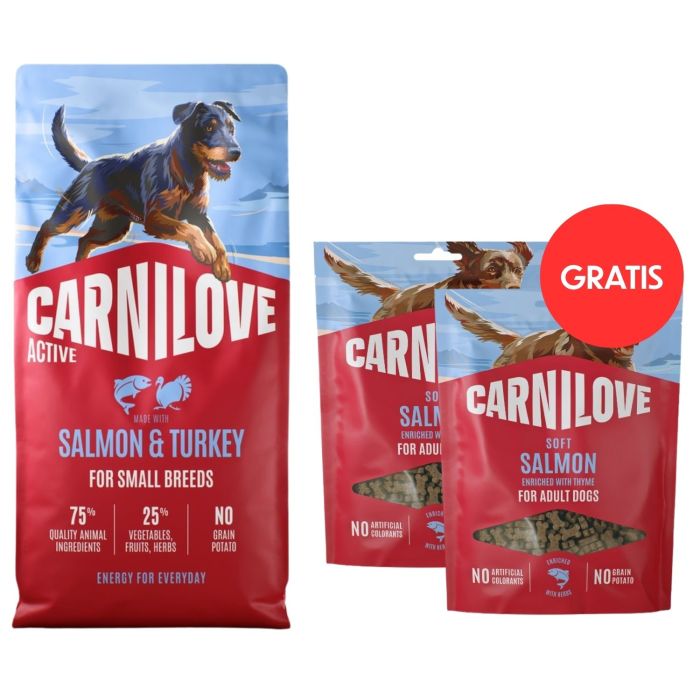 CARNILOVE Active Dog Salmon & Turkey Adult Small Breeds 12 kg łosoś i indyk dla psów małych ras + CARNILOVE Dog Soft Snack Salmon Small Bite 2x200g GRATIS
