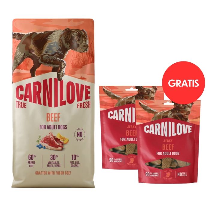 CARNILOVE True Fresh Dog Beef Adult 12 kg ze świeżą wołowiną dla psów + CARNILOVE Dog Jerky Beef Fillet 2x100g GRATIS