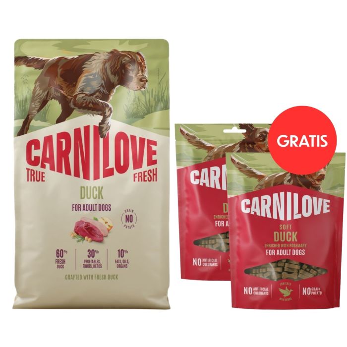 CARNILOVE True Fresh Dog Duck Adult 12 kg ze świeżą kaczką dla psów + CARNILOVE Dog Soft Snack Duck 2x200g GRATIS
