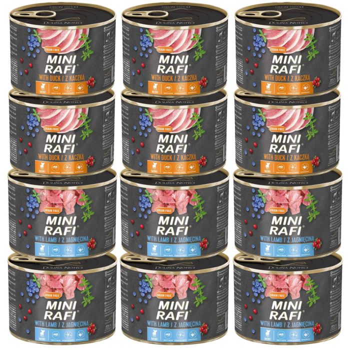 RAFI Mini Mix smaków z kaczką i jagnięciną 12x185g dla psów małych ras