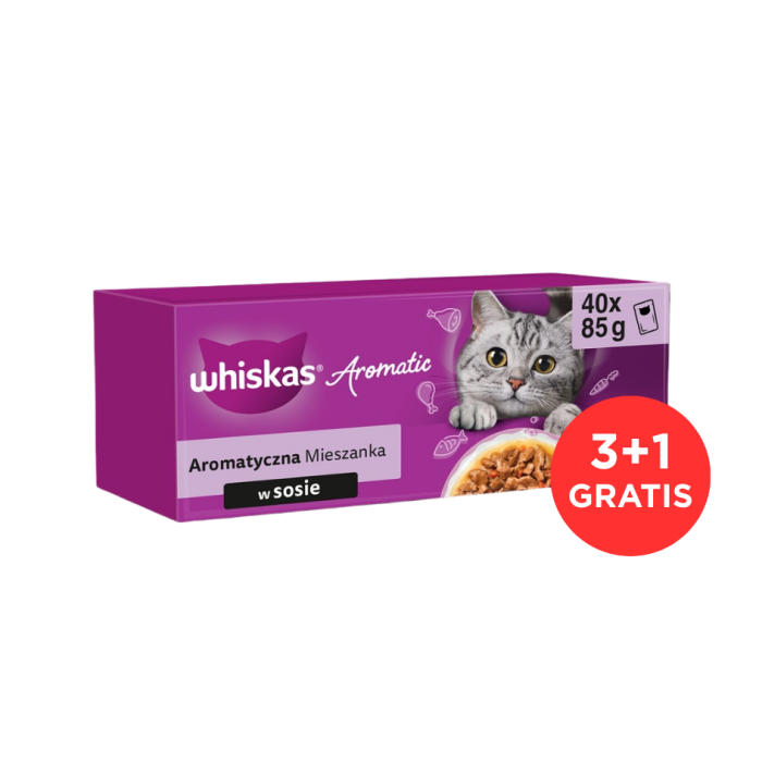 WHISKAS Adult Aromatyczna Mieszanka saszetki 120x85 g mokra karma pełnoporcjowa dla dorosłych kotów w sosie (wieprzowina, marchewka, kurczak, z kawałkami ryb oceanicznych, łosoś i groszek) + 40 saszetek GRATIS