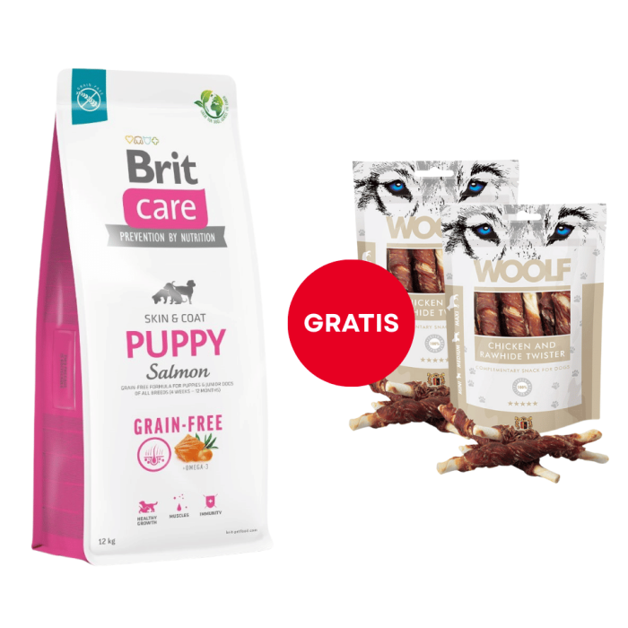 BRIT Care Grain-free Puppy karma sucha z łososiem 12 kg + WOOLF Chicken And Rawhide Twister 2 x 100g suszona skóra owinięta kurczakiem GRATIS