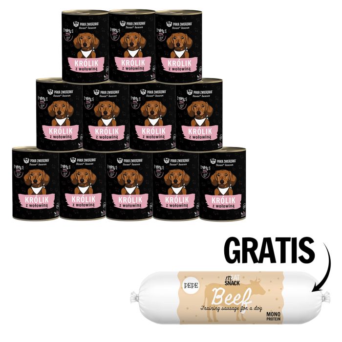 PAKA ZWIERZAKA Seventh Heaven Królik i wołowina (rabbit&beef) 12 x 400 g + Kiełbaska z wołowiny dla psa 200g GRATIS