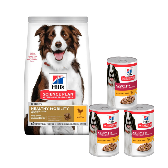 HILL'S Science Plan Canine Adult Healthy Mobility Medium Chicken 14 kg karma dla psów ras średnich kurczak wsparcie stawów + 3 puszki GRATIS