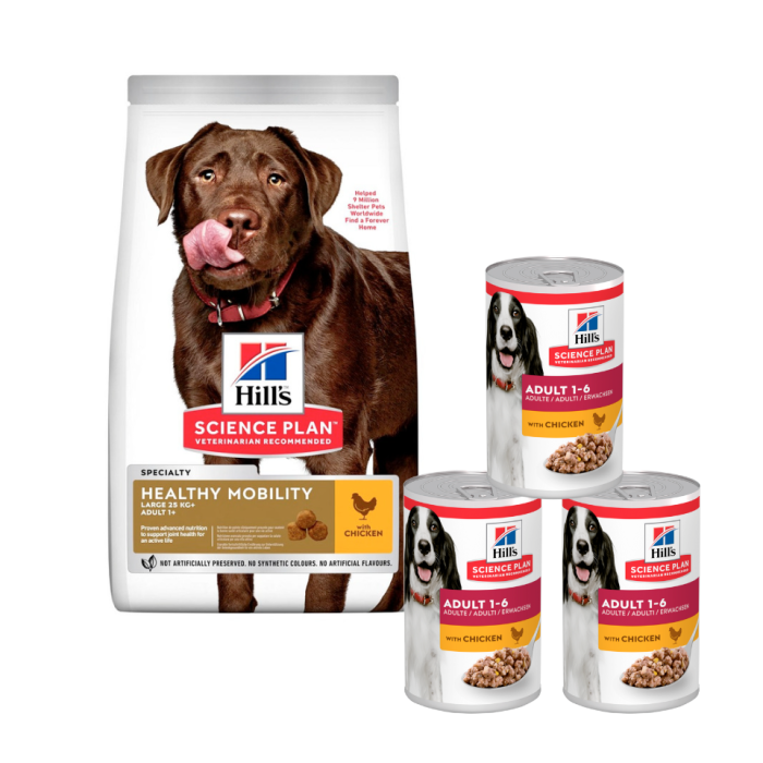 HILL'S Science Plan Canine Adult Healthy Mobility Large breed Chicken 14 kg  karma dla psów ras dużych wsparcie stawów + 3 puszki GRATIS