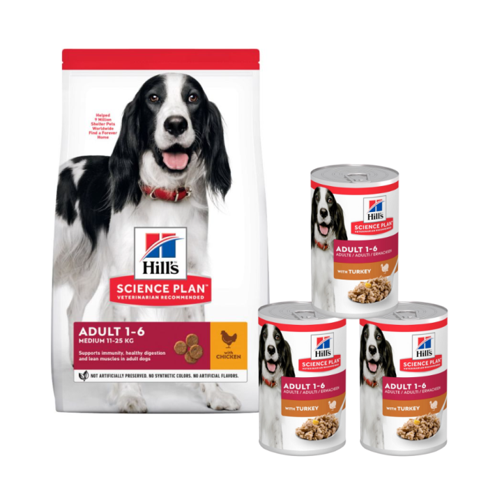 HILL'S Science Plan Adult Medium breed sucha karma z kurczakiem 14 kg + 3 puszki GRATIS