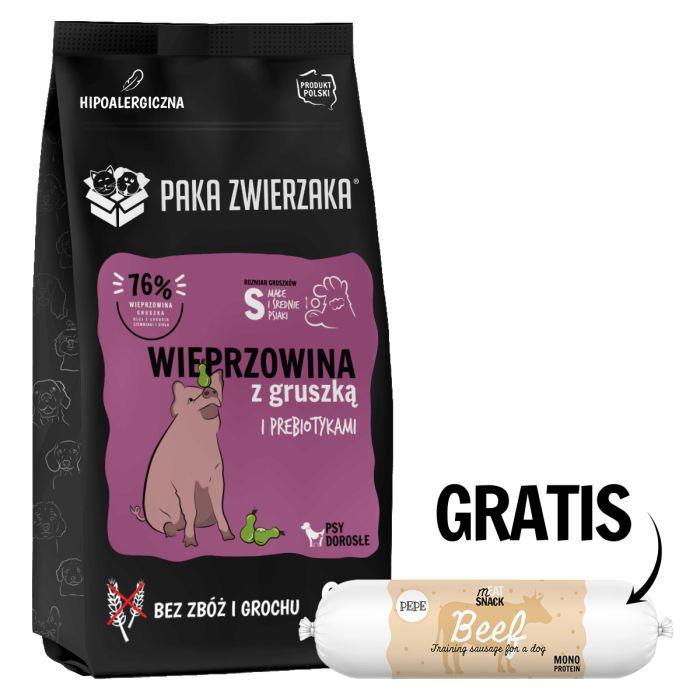 PAKA ZWIERZAKA Seventh Heaven Karma sucha Wieprzowina z gruszką S 9 kg + Kiełbaska z wołowiny dla psa 200g GRATIS