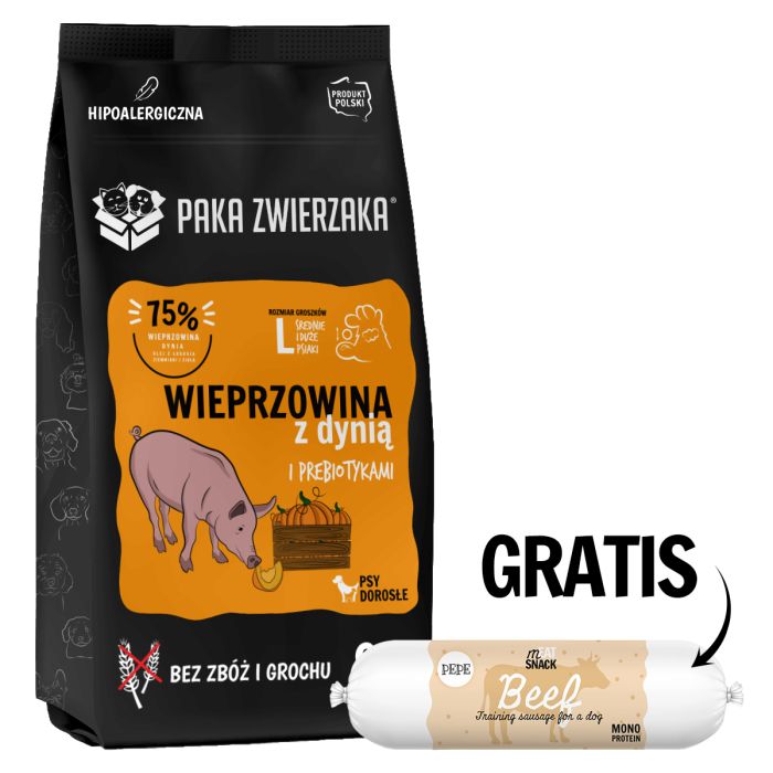 PAKA ZWIERZAKA Seventh Heaven Karma sucha Wieprzowina z dynią L 9 kg + Kiełbaska z wołowiny dla psa 200g GRATIS