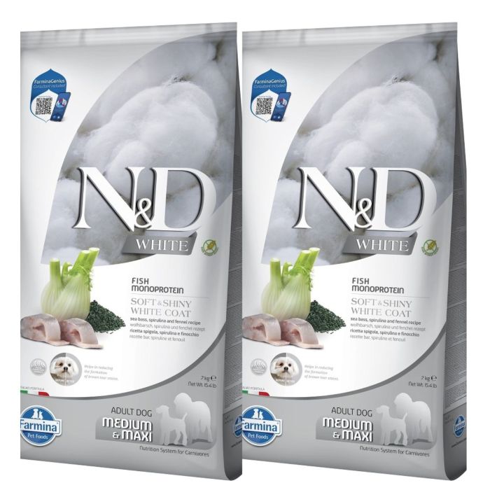 FARMINA N&D White Dog Adult Medium Maxi Sea Bass, Spirulina, Fennel 2x7 kg